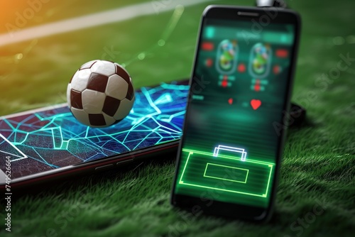 Smartphone with the football on the field. The concept of online betting. Online Casino and Betting Concept with Copy Space. Gambling Concept.