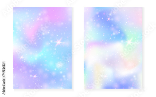Princess background with kawaii rainbow gradient. Magic unicorn hologram. Holographic fairy set. Vibrant fantasy cover. Princess background with sparkles and stars for cute girl party invitation.