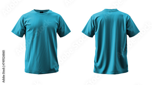 Cyan T shirt front, back mockup isolated on transparent background