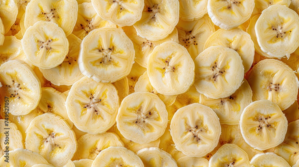 background of ripe sliced banana slices, closeup, creating a vibrant and nutritious food backdrop.