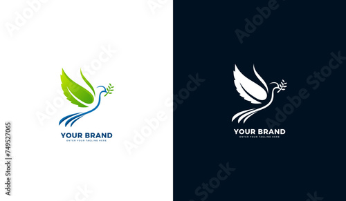 Leaf wing dove logo. Peace dove icon design, flying carrying plants. Graphic vector illustration