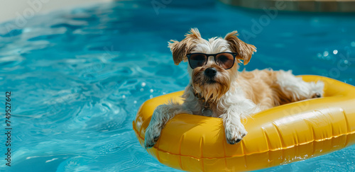 Stylish Dog Lounging on a Pool Float in Sunglasses. A trendy small dog enjoys a relaxing day floating in a sunlit pool