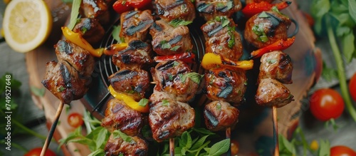 A close-up view of a skewer loaded with marinated meat chunks alternating with colorful vegetables like bell peppers, onions, and cherry tomatoes. The skewer is charred from the grill, emitting a © 2rogan