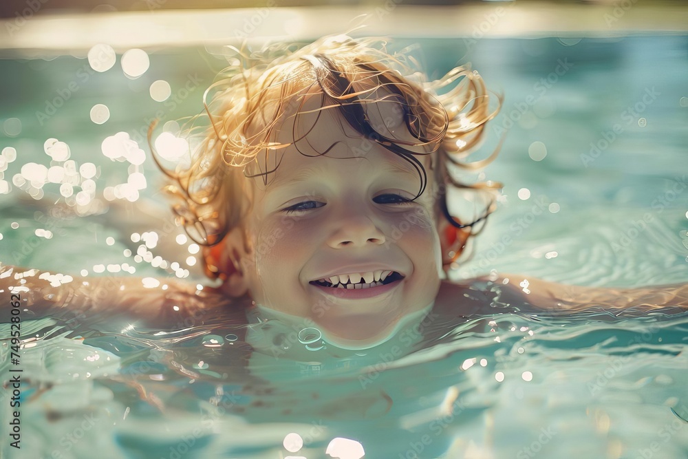 Joyful child in a swimming pool on a sunny day Capturing the essence of summer fun