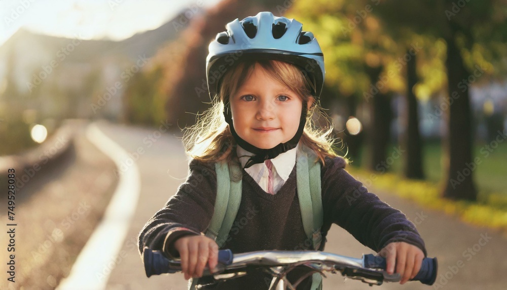 Fototapeta premium Cute little girl in bicycle helmet having fun by riding bicycle