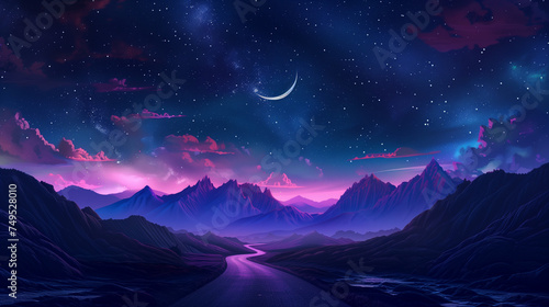 road leading to mountains under a night sky with a crescent moon and pink lights