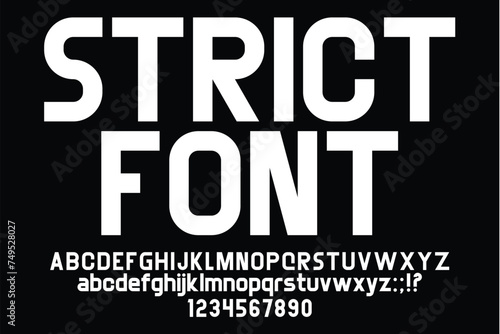 Strict Font. Minimalist bold font. Letters and numbers. flat style