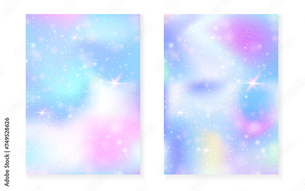 Magic background with princess rainbow gradient. Kawaii unicorn hologram. Holographic fairy set. Bright fantasy cover. Magic background with sparkles and stars for cute girl party invitation. Magic background with princess rainbow gradient. Kawaii unicorn hologram. Holographic fairy set. Bright fantasy cover. Magic background with sparkles and stars for cute girl party invitation.