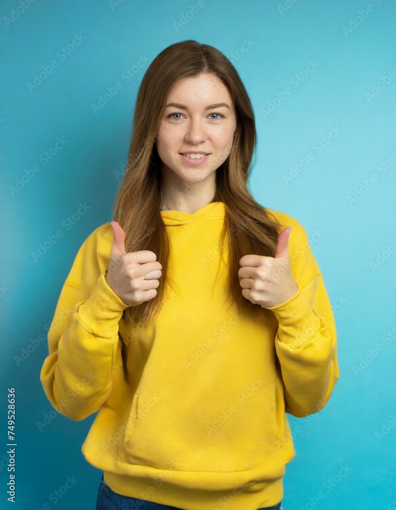 Beautiful young smiling woman holding thumbs up isolated on blue background wearing yellow sweatshirt Beautiful young smiling woman holding thumbs up isolated on blue background wearing yellow sweatshirt