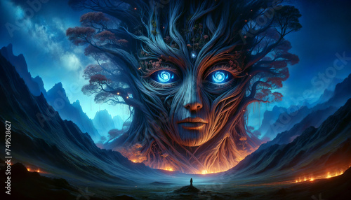 An AI-generated mystical landscape depicting a colossal, ancient tree whose branches intricately form the features of a woman's face with two glowing eyes.