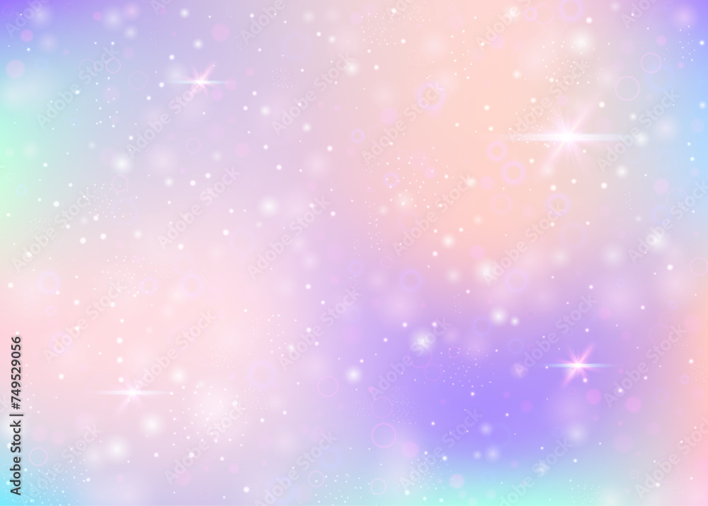 Fairy background with rainbow mesh. Girlish universe banner in princess colors. Fantasy gradient backdrop with hologram. Holographic fairy background with magic sparkles, stars and blurs. Fairy background with rainbow mesh. Girlish universe banner in princess colors. Fantasy gradient backdrop with hologram. Holographic fairy background with magic sparkles, stars and blurs.