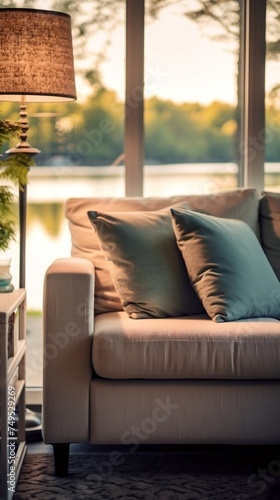 Living Room with White Couch, Blue Pillows and Lamp
