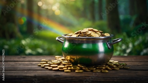 St. patrick' s day celebration with pot of gold and four leaf clover on green background