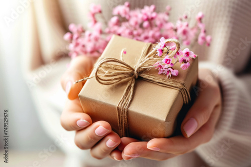 Woman Holding Wrapped Present With Pink Flowers
