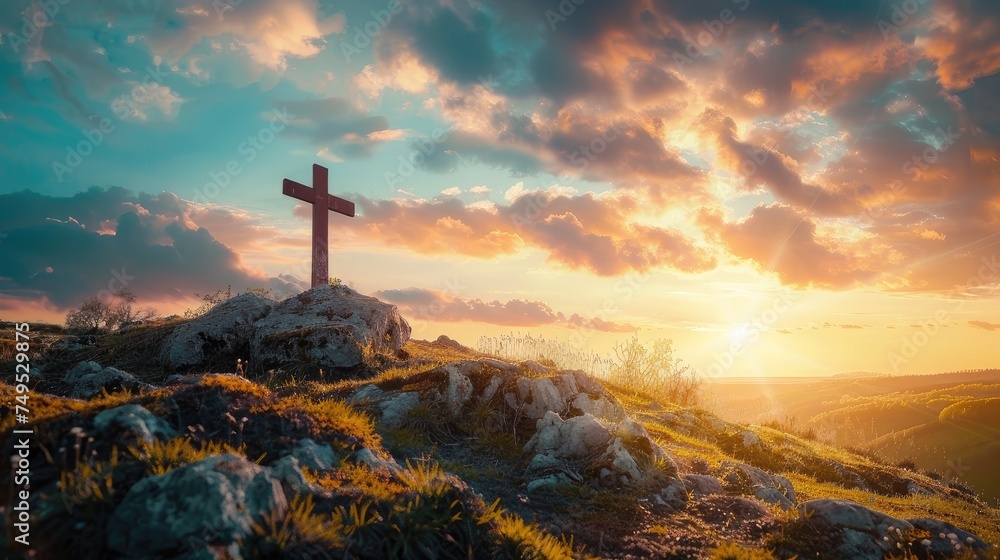 powerful message 'He is Risen' with an image of the crucifixion at sunrise, capturing the divine light and spiritual significance. - obrazy, fototapety, plakaty 
