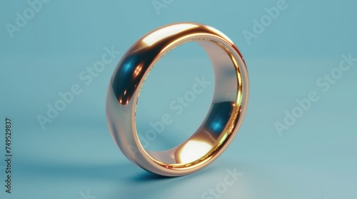 simple and elegant shinning golden engangement of a standing or wedding ring with studio lighting settings and blue background, symbol of love. Generative AI 