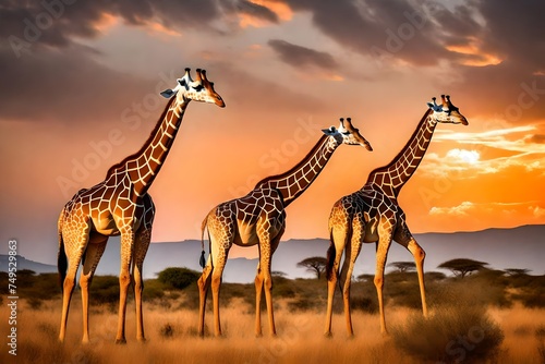giraffe at sunset generated by AI technology © soman