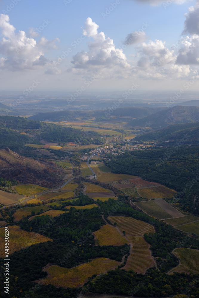 Paysage de la vallée de l'Hérault, vines orange et jaunes, pinède, automne, sud de la France, Cabrière, vue du pic de Visou