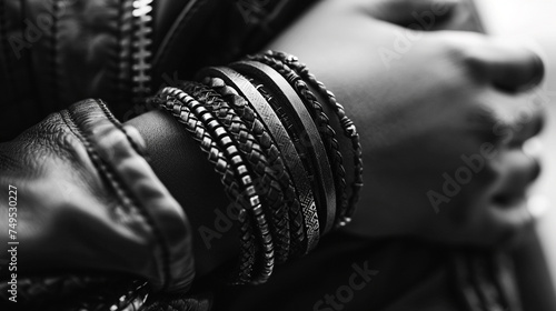 close-up of a woman's wrist wrapped in layers of leather bracelets