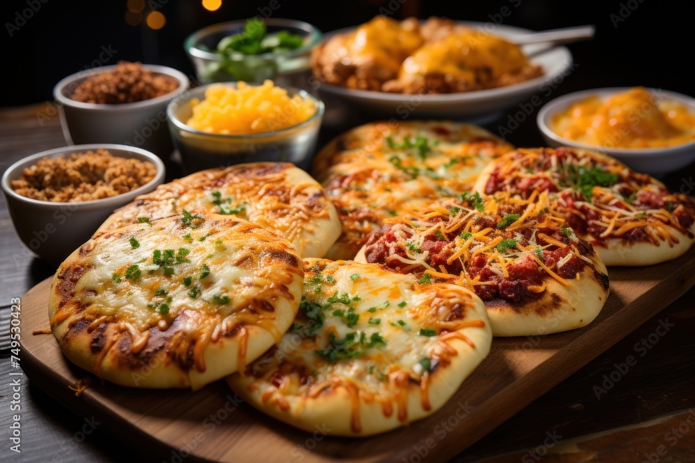 Pita pizzas with assorted toppings and condiments on a dark table