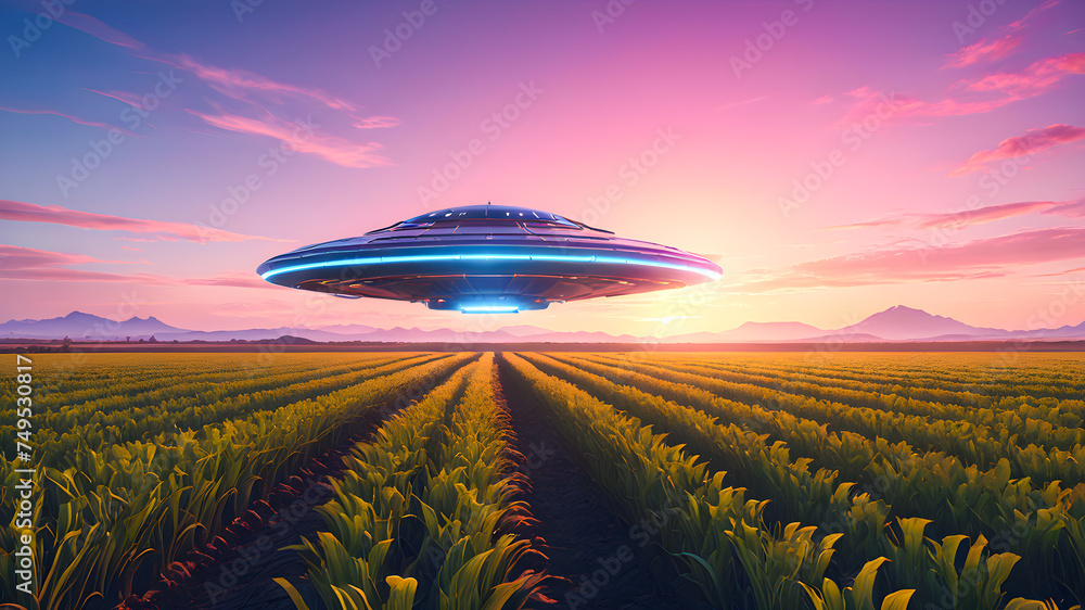 UFO flying over corn field. UFO flying over corn field.