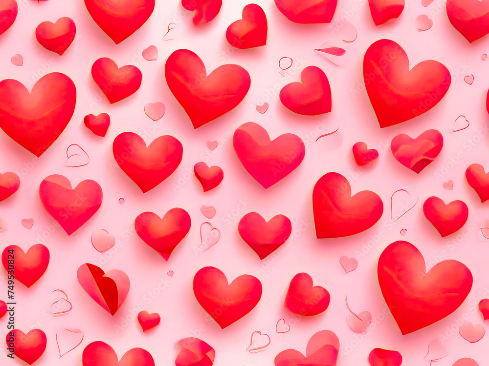 Background of red and pink hearts. For Valentine's Day