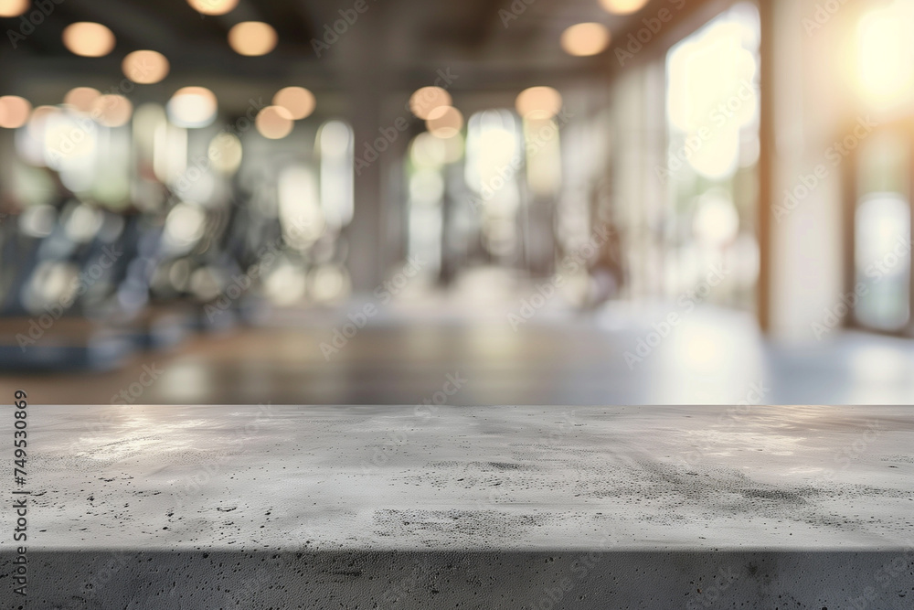 The empty concrete table top with a blurred background of a gym - obrazy, fototapety, plakaty 