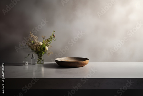 The empty concrete table top with a blurred wall background