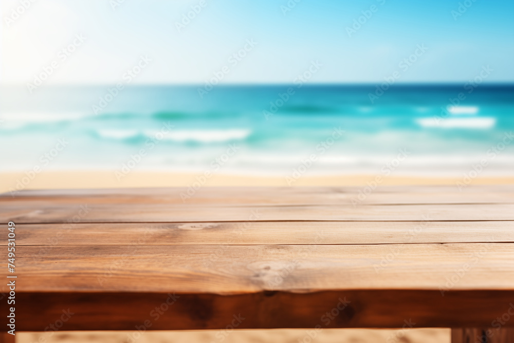 The empty wood table top with a blurred background of a sand beach The empty wood table top with a blurred background of a sand beach