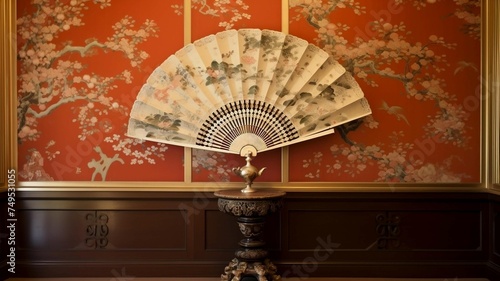Asian-Inspired Room Decor with Fan and Gold Vase
