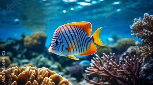 illustration of a landscape of underwater coral reefs and fish. Beautiful fish of various types. Unique, colorful modern design
