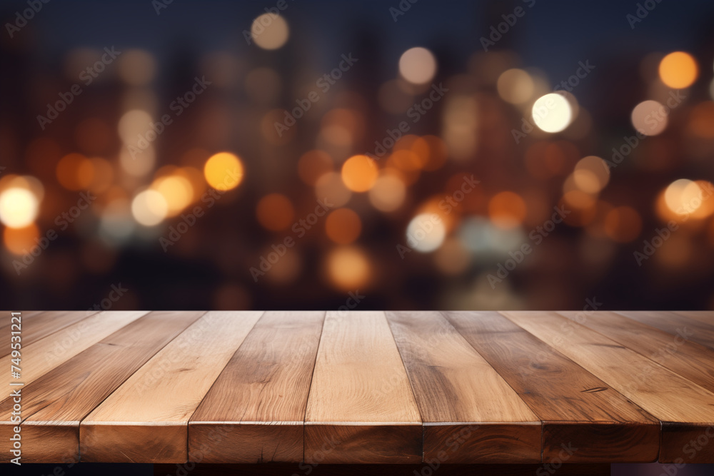 The empty wooden table top with a blurred background with bokeh