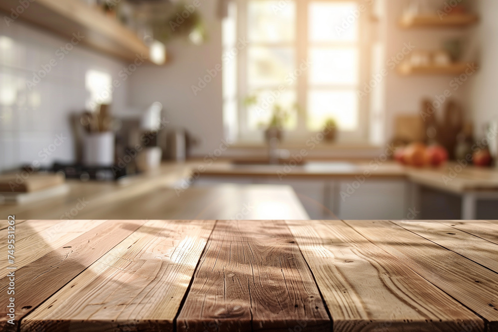 The empty wooden table top with a blurred kitchen background