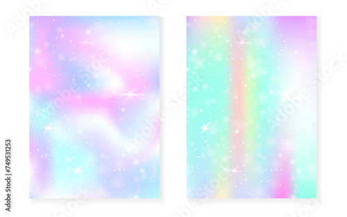 Princess background with kawaii rainbow gradient. Magic unicorn hologram. Holographic fairy set. Stylish fantasy cover. Princess background with sparkles and stars for cute girl party invitation.