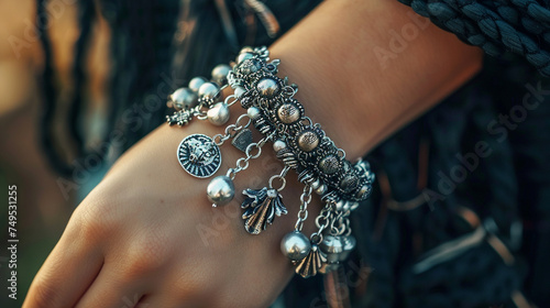wrist adorned with a silver charm bracelet