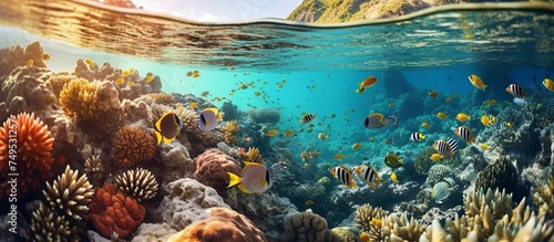 illustration of a landscape of underwater coral reefs and fish. Beautiful fish of various types. Unique, colorful modern design photo