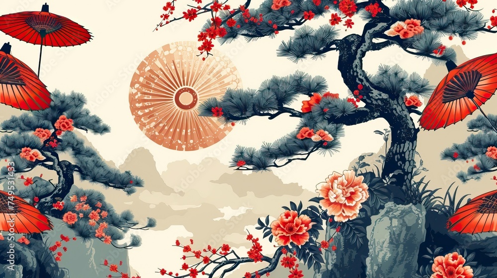 Oriental seamless pattern with japanese umbrellas and bonsai. Asian print, Chinese motifs, beautiful background