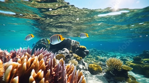 illustration of a landscape of underwater coral reefs and fish. Beautiful fish of various types. Unique, colorful modern design