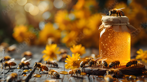 Busy bees and golden honey photo