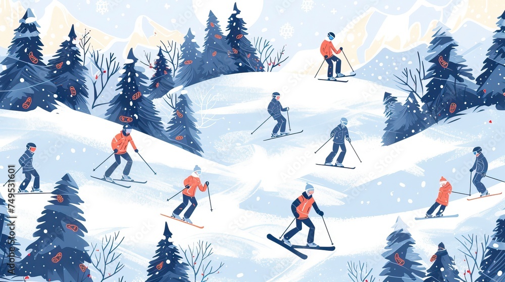 Snowboarders and skiers ride in the ski resort pattern Background