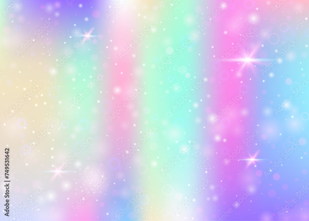 Hologram background with rainbow mesh. Girlish universe banner in princess colors. Fantasy gradient backdrop. Hologram unicorn background with fairy sparkles, stars and blurs. Hologram background with rainbow mesh. Girlish universe banner in princess colors. Fantasy gradient backdrop. Hologram unicorn background with fairy sparkles, stars and blurs.