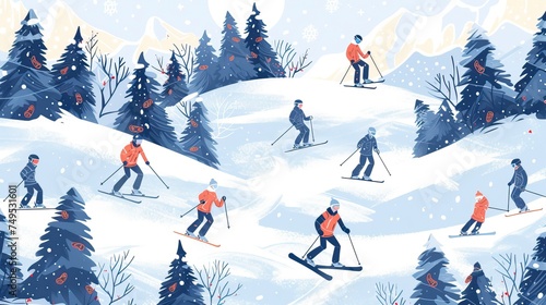 Snowboarders and skiers ride in the ski resort pattern Background