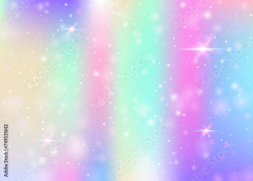Hologram background with rainbow mesh. Girlish universe banner in princess colors. Fantasy gradient backdrop. Hologram unicorn background with fairy sparkles, stars and blurs.