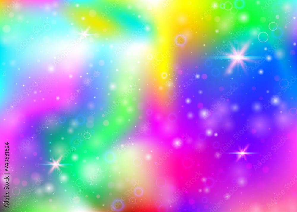Hologram background with rainbow mesh. Kawaii universe banner in princess colors. Fantasy gradient backdrop. Hologram magic background with fairy sparkles, stars and blurs. Hologram background with rainbow mesh. Kawaii universe banner in princess colors. Fantasy gradient backdrop. Hologram magic background with fairy sparkles, stars and blurs.