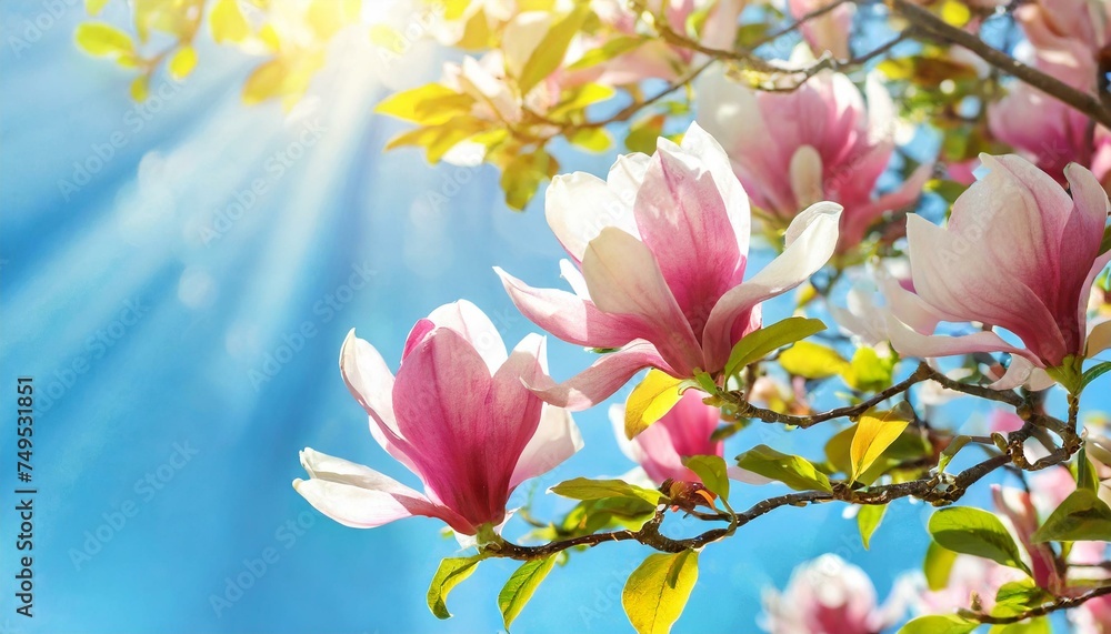 Obraz premium Blooming magnolia tree in the spring sun rays. Selective focus. Copy space. Easter, blossom spring, sunny woman day concep