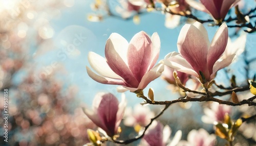  Blooming magnolia tree in the spring sun rays. Selective focus. Copy space. Easter  blossom spring  sunny woman day concep