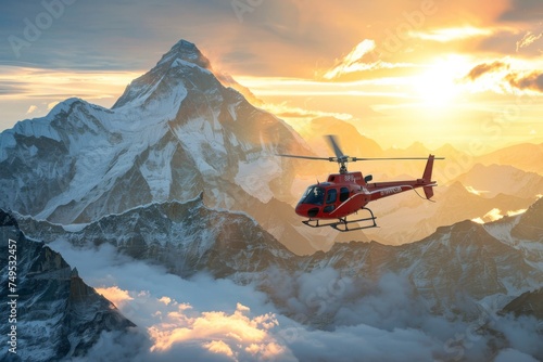 A helicopter flying over mount Everest on sunrise