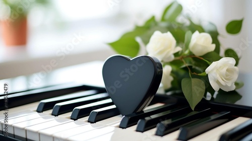 Black heart-shaped object on piano keys with white roses
