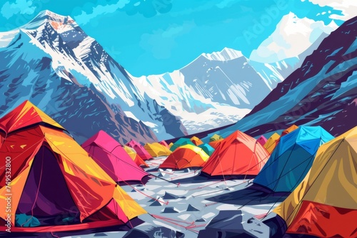 Illustration of colorful tents at Everest Basecamp.