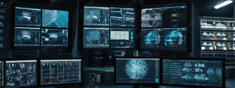 Industry 4.0 Modern Factory Security Control Room with Multipoke Computer Screens Showing Surveillance Camera Footage Feed, High-Tech Security Industry 4.0 Modern Factory Security Control Room with Multipoke Computer Screens Showing Surveillance Camera Footage Feed, High-Tech Security
